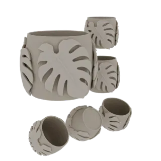 Um conjunto de três modelos 3D de vasos bege, cada um decorado com designs de folhas de Monstera, apresentados sobre um fundo