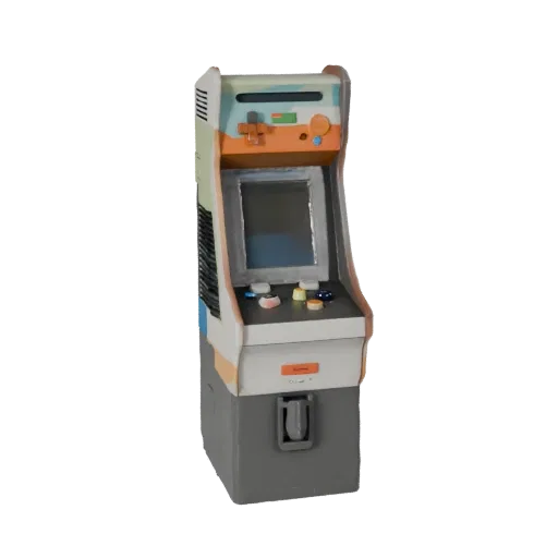 Mini Arcade Stick 3D model, three-quarter front view, Unity viewport, showing matte plastic, console proportions.