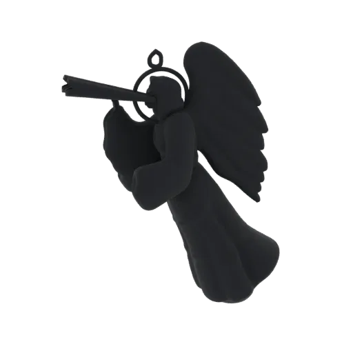3D model render of a black angel with wings spread, blowing a trumpet, with a halo above its head.
