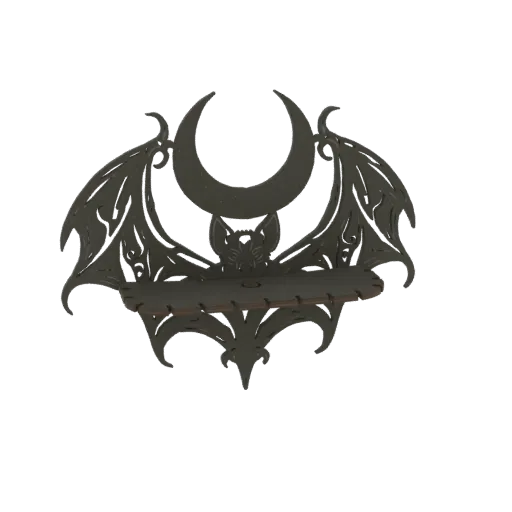 3D model render of a gothic bat with outstretched wings, a crescent moon above, and a small shelf integrated into its body, s