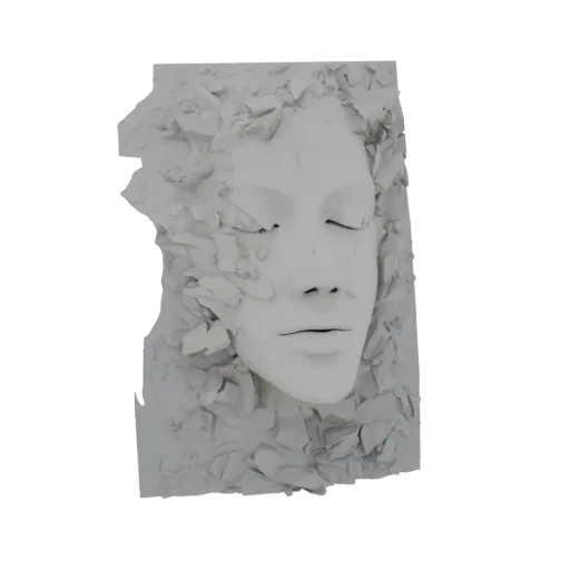 3D model of a white sculpture of a human face with closed eyes, emerging from a mass of shattered fragments.