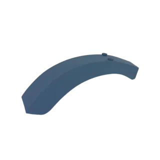 3D-Modell eines mattblauen Fahrradschutzblechs mit zwei sichtbaren Bolzenbefestigungen oben, vor weißem Hintergrund.