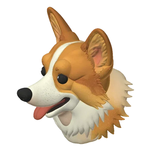 3D model of a Corgi dog's head with a happy expression, perky ears, and a white blaze on its muzzle.
