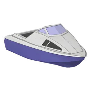 3D model of a modern speedboat with a blue hull and white superstructure, featuring tinted windows.