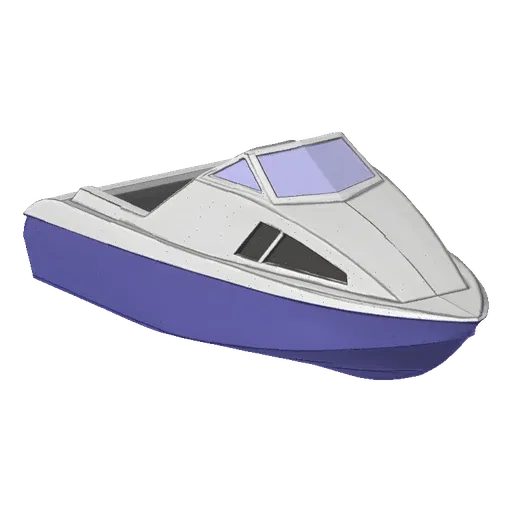 3D model of a modern speedboat with a blue hull and white superstructure, featuring tinted windows.