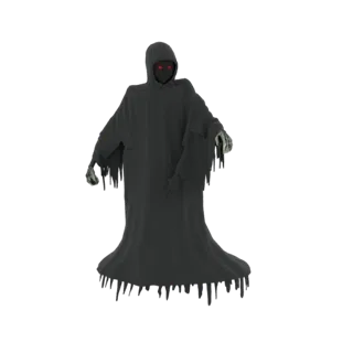 Modelo 3D de la Parca con una túnica oscura y con capucha que parece gotear en el dobladillo, y ojos rojos brillantes.