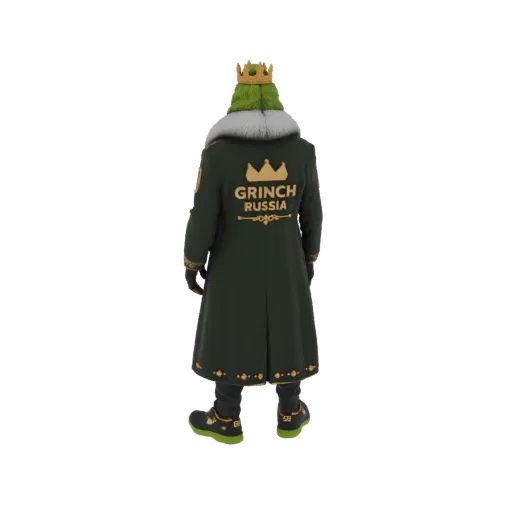 3D model of the Grinch wearing a crown and a green coat with 'GRINCH RUSSIA' text on the back, viewed from the rear.