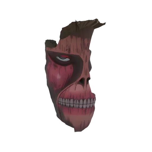 3D model render of the Colossal Titan's head fragment from Attack on Titan, showing exposed muscle, a menacing eye, and a wid