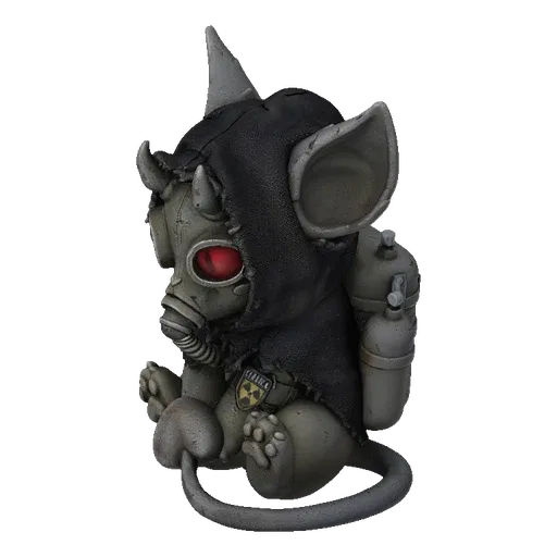 3D model of a grim, apocalyptic rat wearing a gas mask and a tattered cloak, with small horns and glowing red eyes.