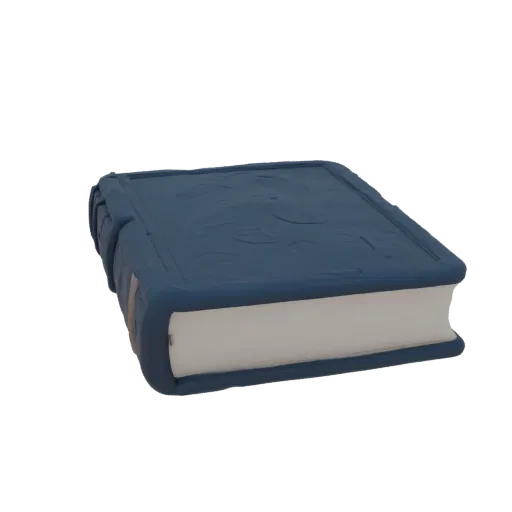 3D model of a closed blue fantasy embossed book, side view