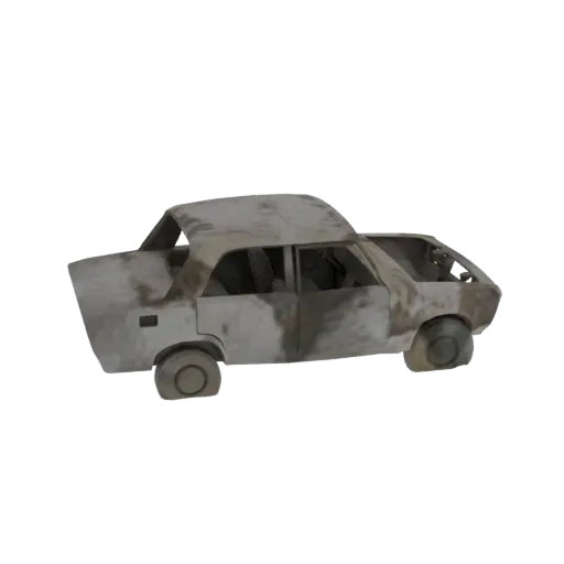 Side view of a 3D model of a worn-out, weathered sedan with visible damage and faded paint.