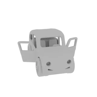 Un rendu 3D d'une voiture cartoon grise mignonne avec ses portes ouvertes, sur fond blanc.