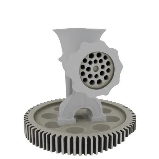 3D model of a mechanical gear assembly with a classic meat grinder on top, rendered in white.