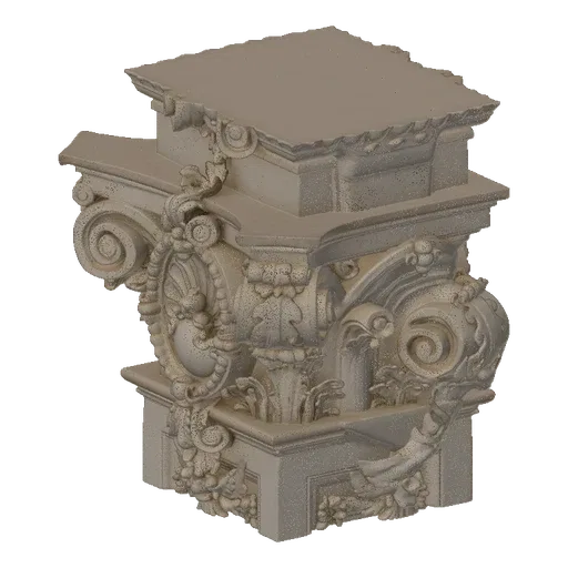 A detailed 3D model of a classical Corinthian capital, showcasing intricate acanthus leaves and volutes with a textured stone