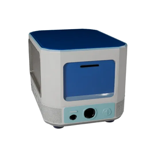 Compact Smart Speaker Low Poly 3D model, home interior, game viewport three-quarter view, plastic detail.