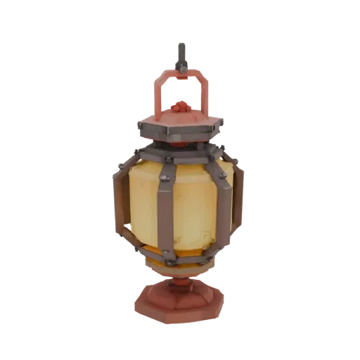 3D model of a Roblox style vintage lantern with yellow glass and metal frame on black background