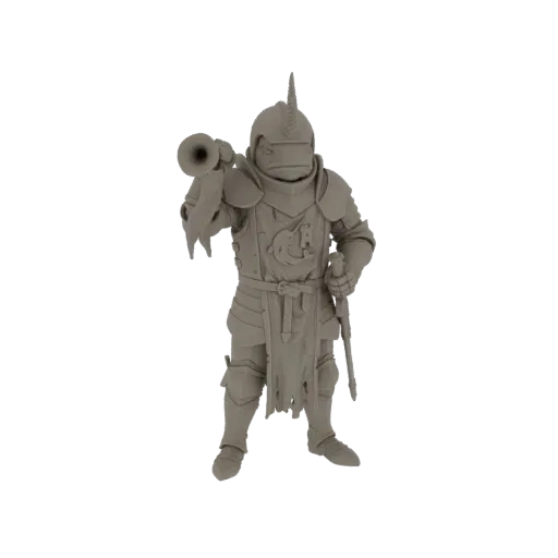 Modello 3D di un Cavaliere Unicorno fantasy con armatura, elmo con corno di unicorno e che tiene una tromba.