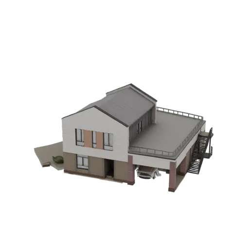 3D model of a modern two-story house with a carport, balcony, and a car parked underneath, set against a white background.