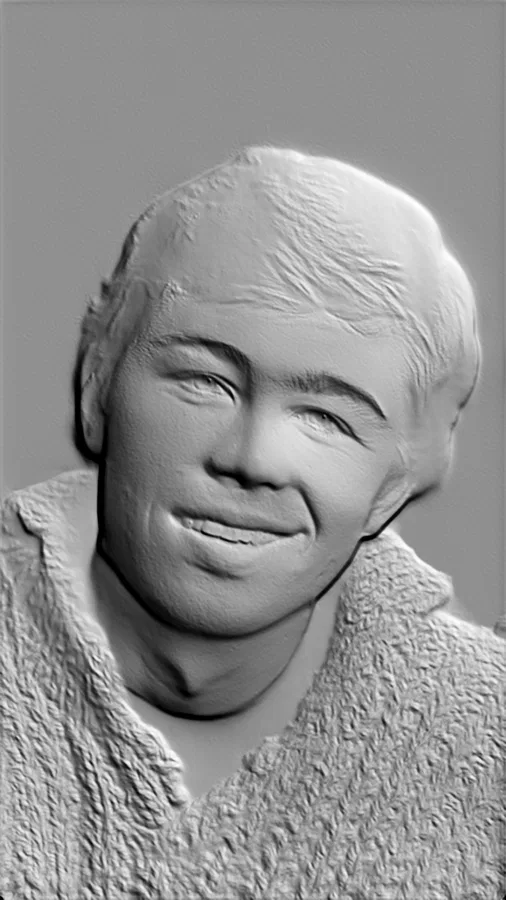 3D model of a young man smiling bas-relief, detailed face, clothing texture