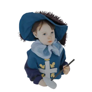 3D model of a young boy wearing a blue musketeer costume with a large hat and holding a sword.
