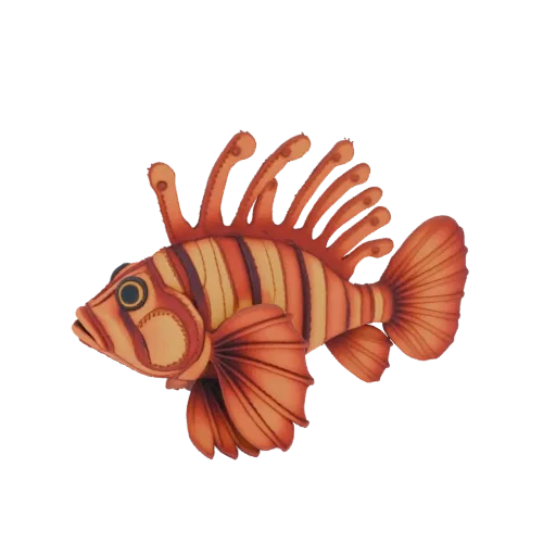 3D model of an ornate lionfish with vibrant orange and yellow stripes, flared fins, and decorative dorsal spines.