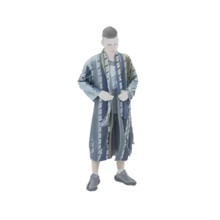 Modello 3D di un uomo con veste a fantasia astratta blu e bianca, in piedi con le mani vicino all'apertura.
