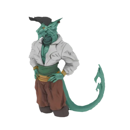 3D model of a green dragon pirate captain with scaly skin, wearing a white shirt, green sash, and brown pants, with hands on hips and a curved tail.