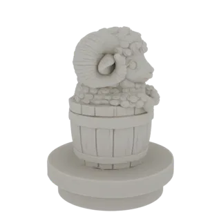 3D-Modell-Rendering eines weißen Widderkopfes mit großen, gewundenen Hörnern, der aus einem Holzfass auf einem runden Sockel