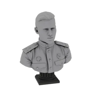 3D-Modell-Render einer grauen Büste eines sowjetischen Militäroffiziers in Uniform mit Medaillen und Epauletten, auf einem sc
