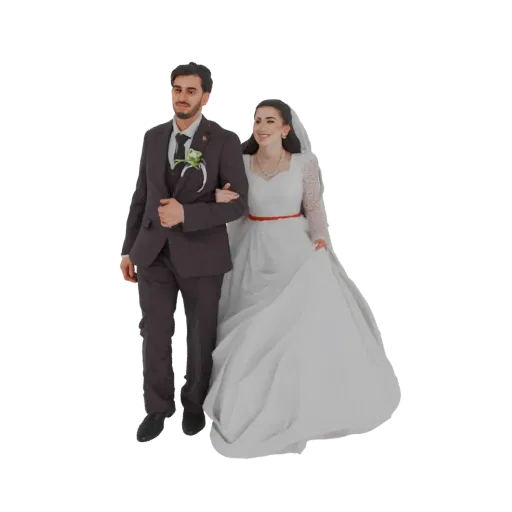 3D model of a smiling wedding couple, groom in a dark suit, bride in a white gown, walking arm-in-arm.
