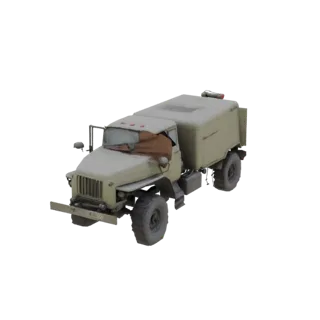 3D model of a weathered military truck with a cargo bed and a tarp, viewed from a three-quarter angle.