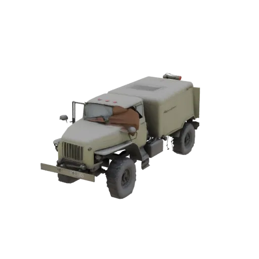 3D model of a weathered military truck with a cargo bed and a tarp, viewed from a three-quarter angle.