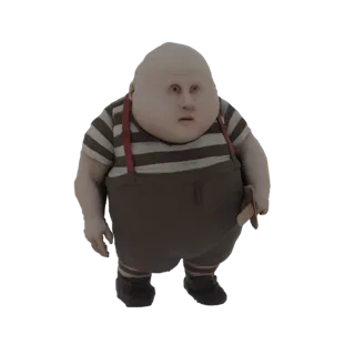 Modelo 3D do personagem Tilly-Willy, uma figura roliça vestindo camisa listrada e macacão marrom com suspensórios vermelhos.