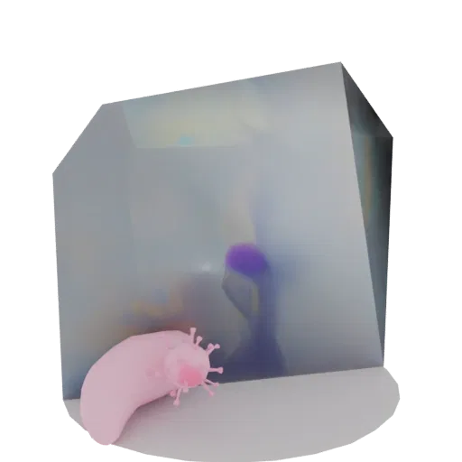 3D render of a pink slug creature with spiky protrusions inside a translucent cube, with abstract colors visible within.