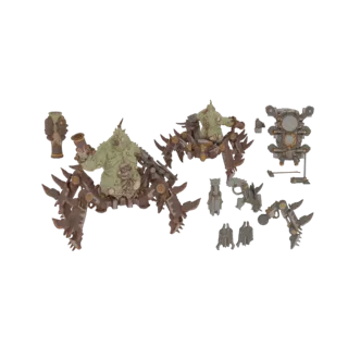 3D model of a Nurgle Plague Marine fused with a mechanical spider chassis, featuring grotesque details and weapon options.