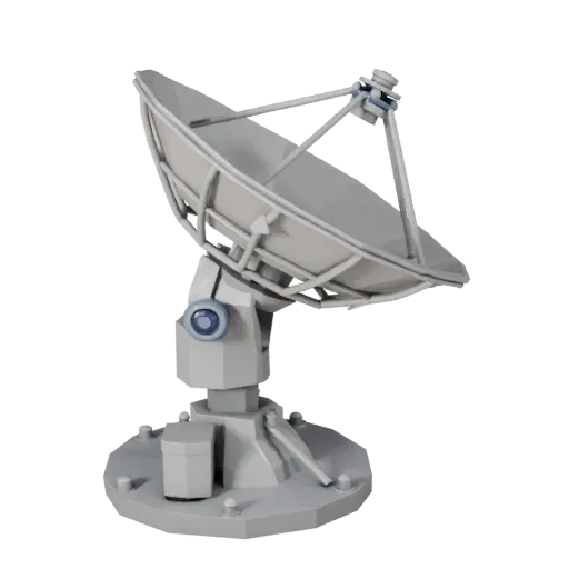 Classroom Radio Dish Low Poly 3D model, game viewport three-quarter view, showing metal tubes, optical alignment.