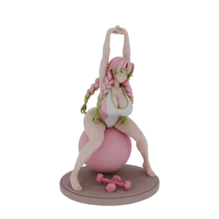 3D model of an anime girl in a white and pink swimsuit, stretching on a pink exercise ball, with dumbbells on the base.