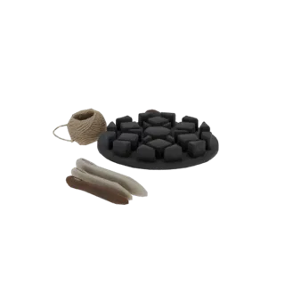 A 3D render of a hexagonal stone mold with a spool of twine and a pair of tongs, presented on a black background.
