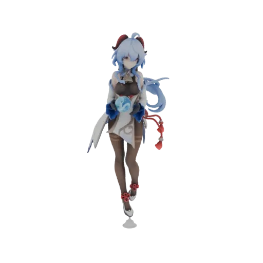 3D model of the character Ganyu, depicted as a collectible figurine with blue hair and a white outfit, holding a glowing orb.