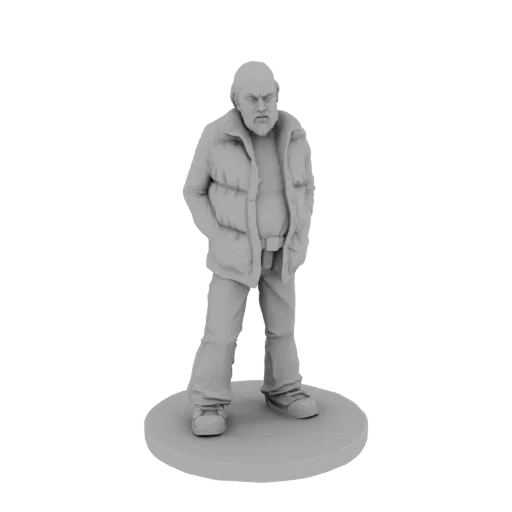 3D model render of a grumpy old man wearing a puffer jacket, standing on a circular base with hands in pockets.