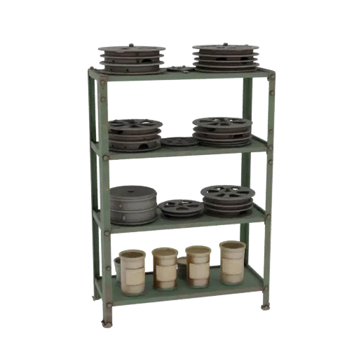 3D model of an industrial shelf in Soviet style, filled with film reels and jars with tags, on a white background.