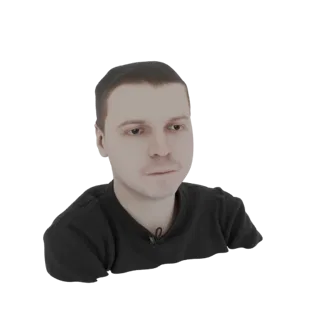 Rendering di un modello 3D di un uomo con capelli corti e castani che indossa una maglietta nera e un piccolo microfono aggan