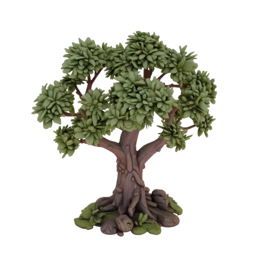 3D model of a stylized tree with a lush green crown and textured trunk, standing on rocks and grass.