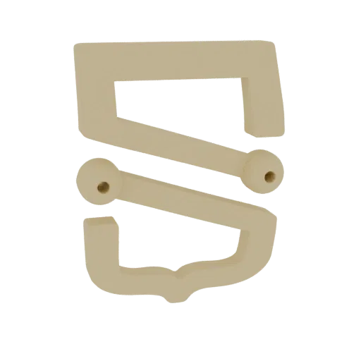 A 3D render of a stylized, light beige letter 'S' with smooth curves and rounded accents, set against a black background.