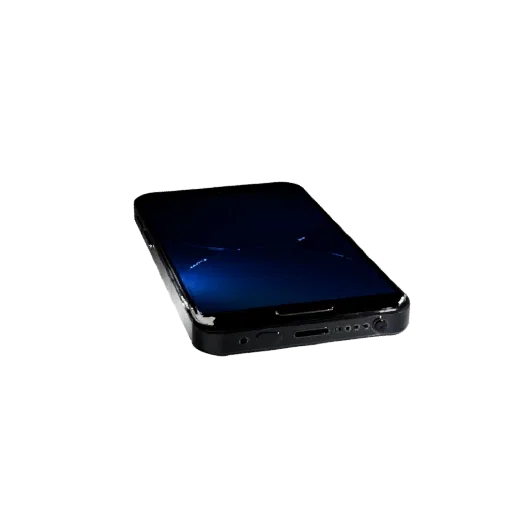 Compact Smartphone 3D model, three-quarter front view, AR viewer studio render, showing glass screens, form detail.