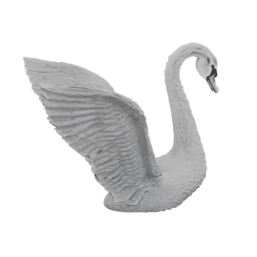 3D-Modell eines weißen Schwans mit weit ausgebreiteten Flügeln, das detaillierte Federtexturen und eine elegante Pose zeigt.