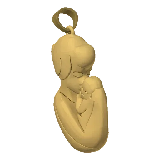 3D model of a mother tenderly embracing her child, depicted in a warm golden material, with a loop for pendant attachment.