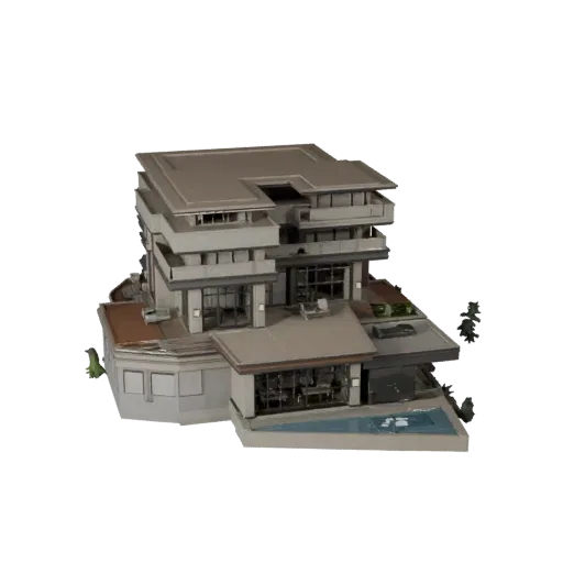 Luxury Villa high poly 3D model, close-up architectural render view, showing residential building materials and architectural