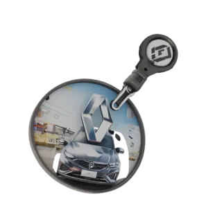 Modelo 3D de chaveiro Renault com emblema e imagem do carro, em fundo preto