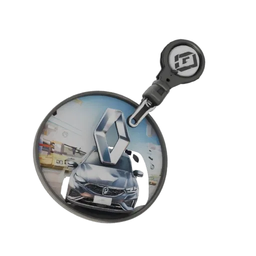 3D model of Renault keychain with emblem and car image, on black background